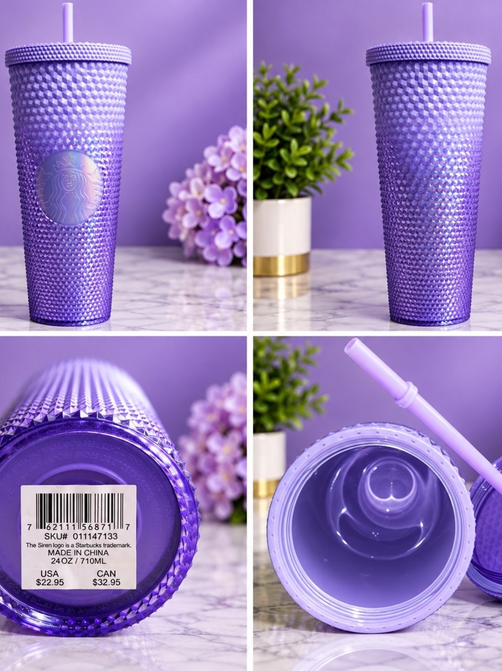 Starbucks 24 oz Purple Iridescent Studded Cold Cup Tumbler with Straw